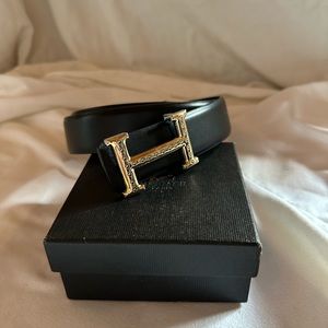 NEW HERMES STYLE GOLD MEN’S BELT ⭐️ SILVER STUDS H SIZE 44 Black leather + Box